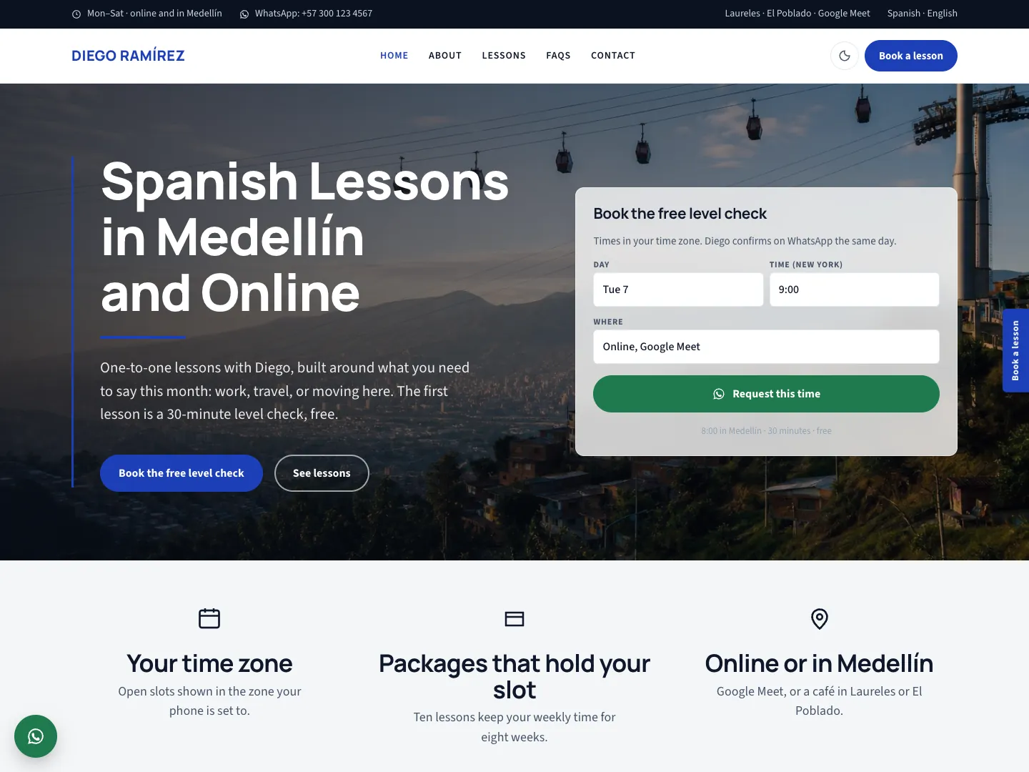 Sitio de un profesor de español en Medellín con el estilo Clásico: clases en línea y en persona y reserva por WhatsApp