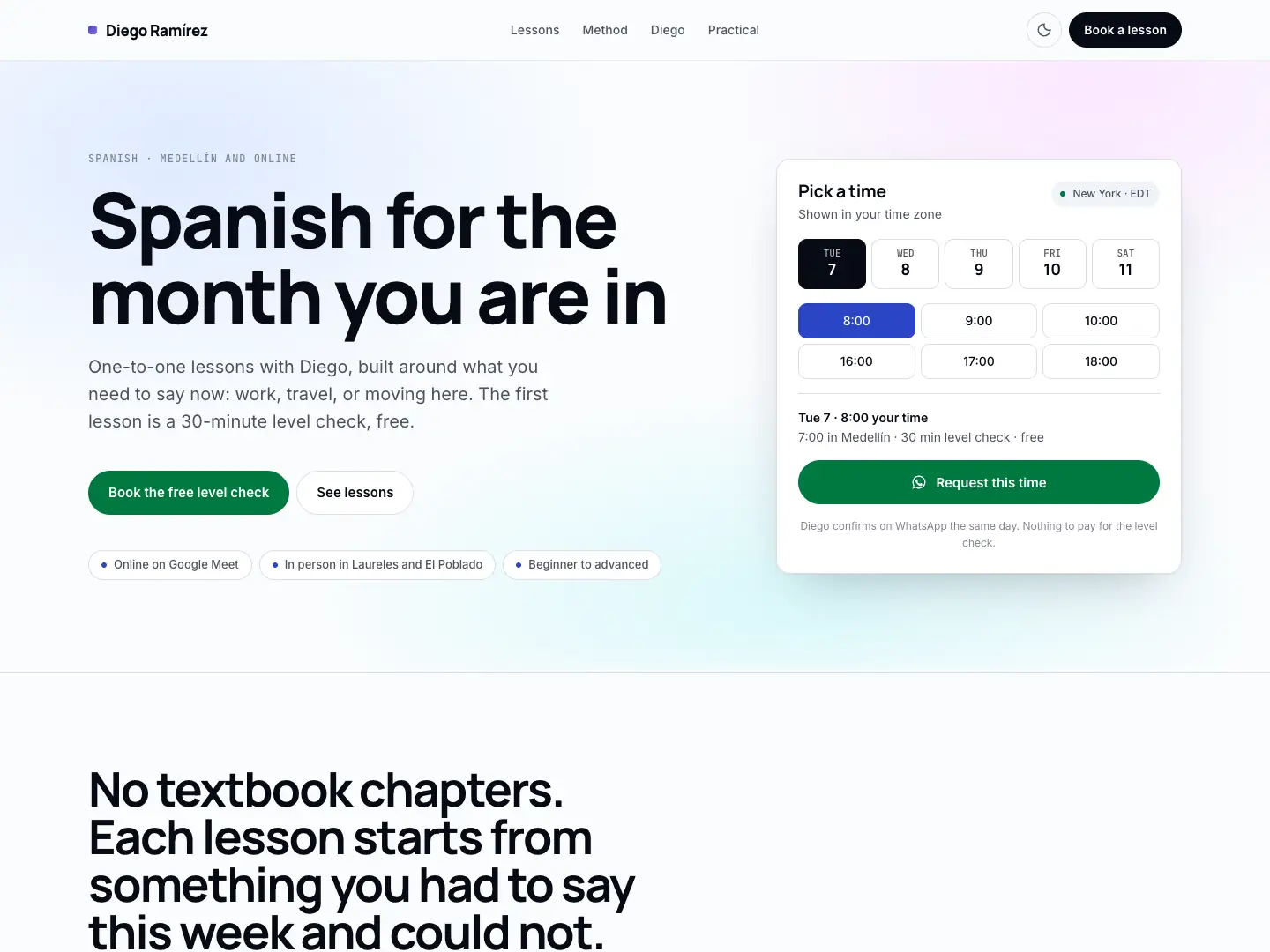 Sitio de un profesor de español en Medellín con el estilo Estudio: horarios y reserva de clase por WhatsApp