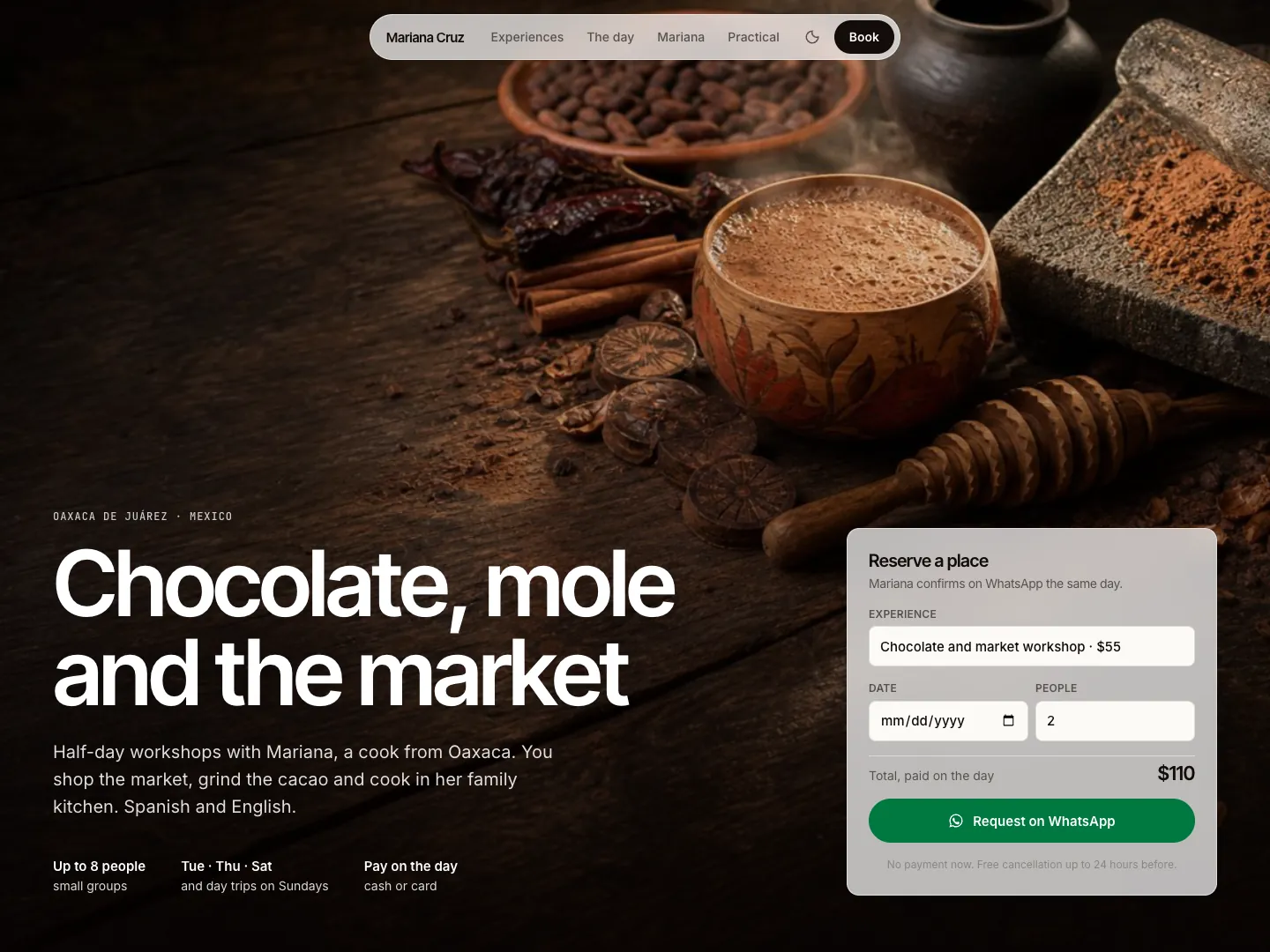 Sitio de una cocinera de Oaxaca con el estilo Taller: talleres de chocolate y mole y reserva por WhatsApp